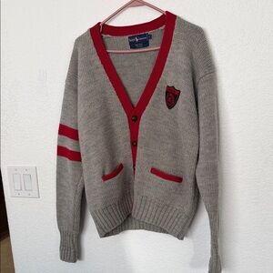 Rare Vintage 80’s Ralph Lauren Gray Cardigan with Red Trim 100% Wool